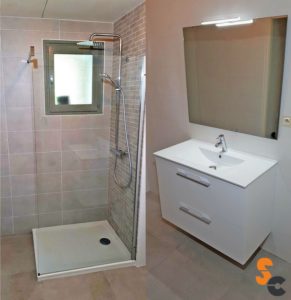 Receveur douche 90*90 paroi meuble vasque miroir led