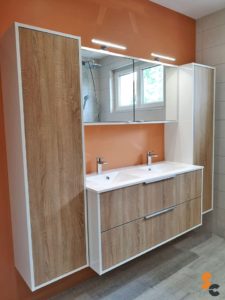 Salle de bain meuble bois double vasque miroir led